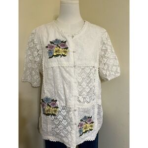 Tantrums Womens White Eyelet Lace Crochet Floral Embroidered Button Top Size M